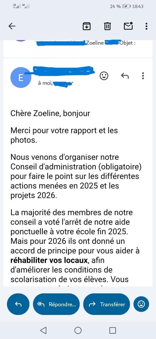 Capture d’écran du message annonçant la fin du soutien financier à l’école d’Antsirabé, avec les informations personnelles masquées.