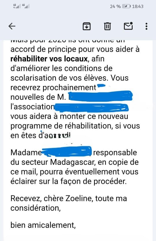 Capture d’écran de la suite du message confirmant l’arrêt de l’aide à l’école d’Antsirabé, informations personnelles masquées.